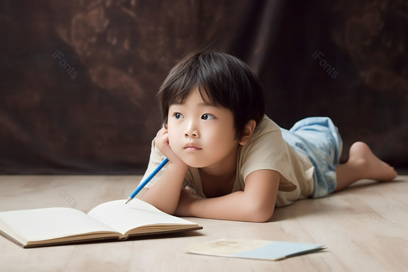 小男孩拿着铅笔在地板上居家写作业撑着头在想问题摄影背景,高清,摄影图,摄影图片,图片大全,摄影图免费下载